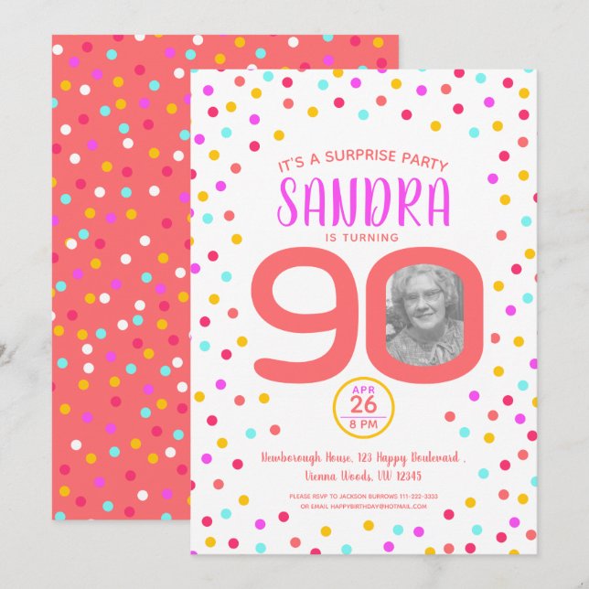 Invitation 90e anniversaire photo personnalisée corail vivant (Devant / Derrière)