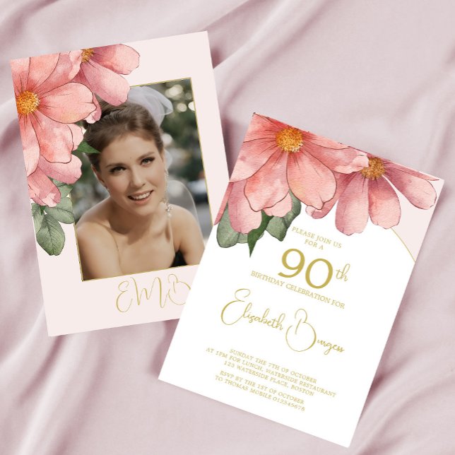 Invitation 90e anniversaire Photo rose Elegant Floral Anniver (Créateur téléchargé)
