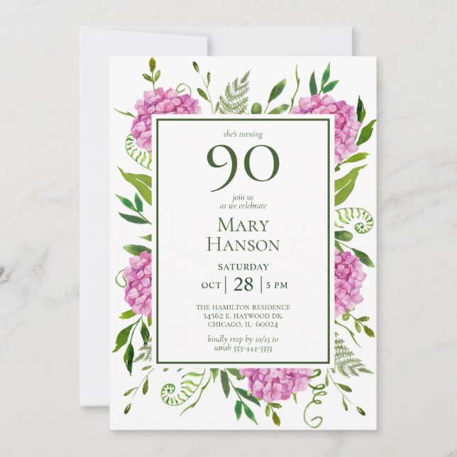 Invitation 90e anniversaire Pink Hydrangeas (Devant)