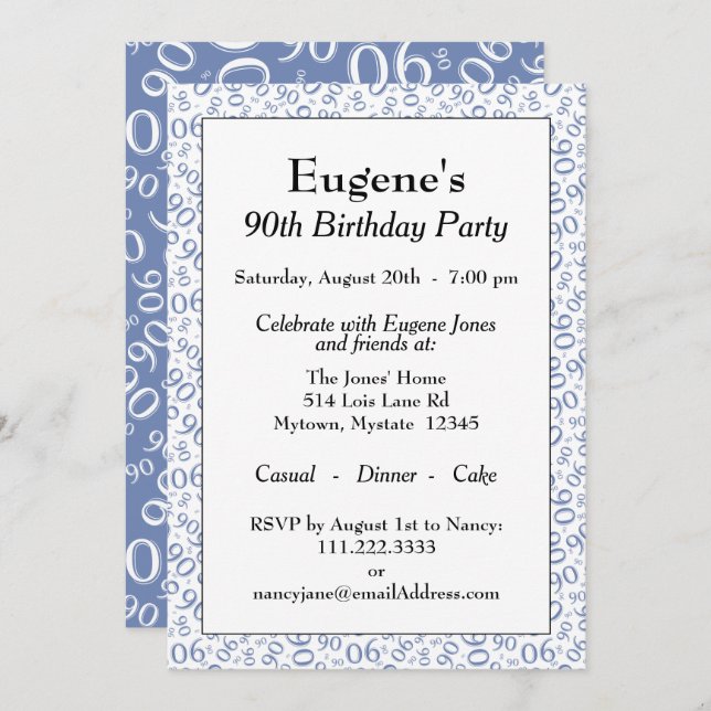 Invitation 90e anniversaire Random Number Motif Bleu/Blanc (Devant / Derrière)