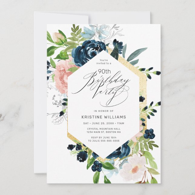 Invitation 90e Anniversaire Rose Bleu Rose Aquarelle Florale  (Devant)