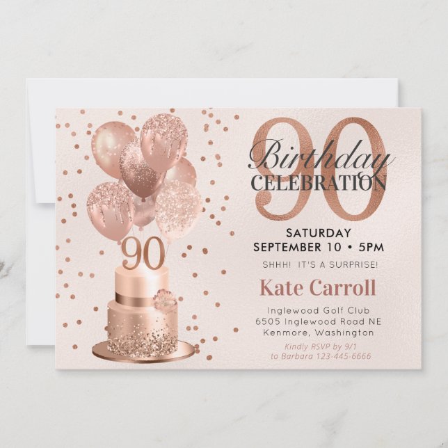 Invitation 90e anniversaire Rose Gold Cake Surprise Party (Devant)