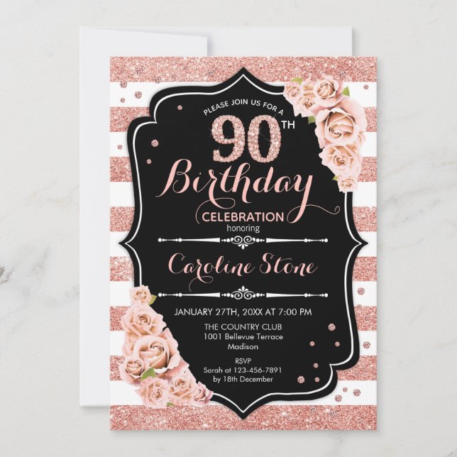 Invitation 90e anniversaire - Rose Gold et White Stripes (Devant)