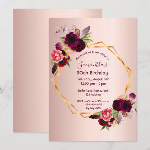 Invitation 90e anniversaire rose or rose fleuri luxe