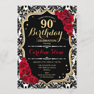 Invitation 90e anniversaire - Roses rouges Gold Black Damask