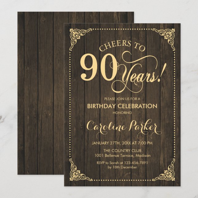 Invitation 90e anniversaire - Rustic Wood Gold (Devant / Derrière)