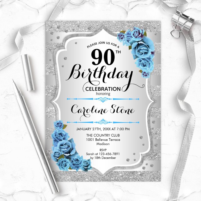 Invitation 90e anniversaire - Silver Stripes Icy Blue Rose (Créateur téléchargé)