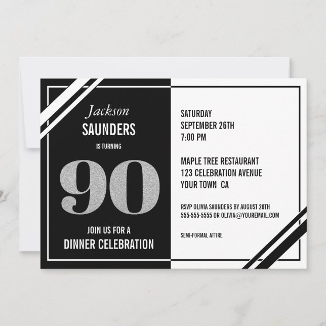 Invitation 90e anniversaire Soirée moderne Noir et Blanc (Devant)