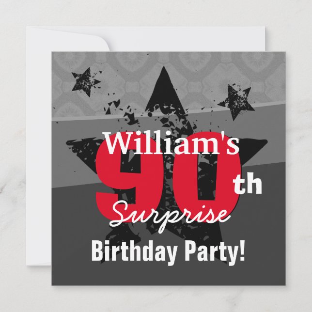 Invitation 90e Anniversaire Surprise Charbon et Red Grunge C9 (Devant)