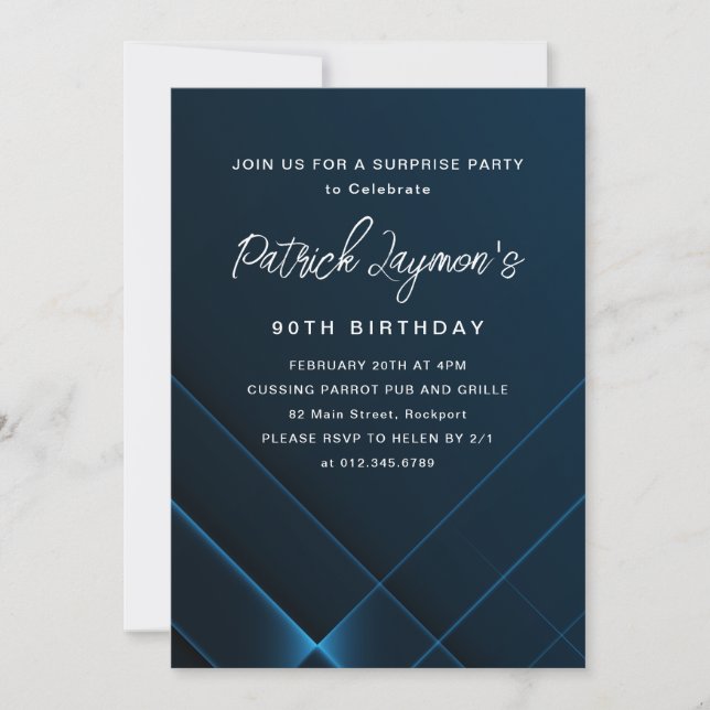 Invitation 90e anniversaire Surprise Party bleu foncé géométr (Devant)
