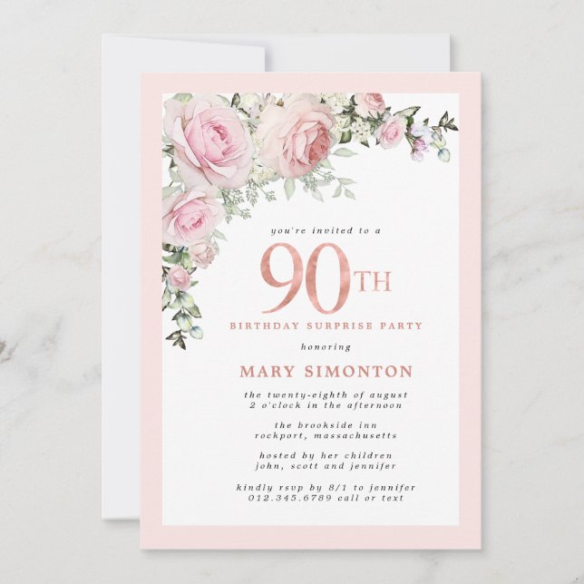 Invitation 90e anniversaire Surprise Party Blush rose floral (Devant)
