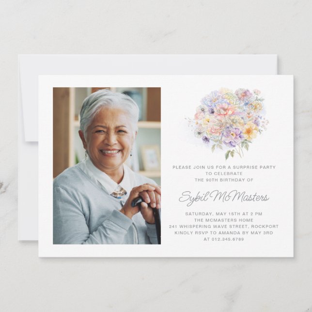 Invitation 90e anniversaire Surprise Party Bouquet de fleurs (Devant)