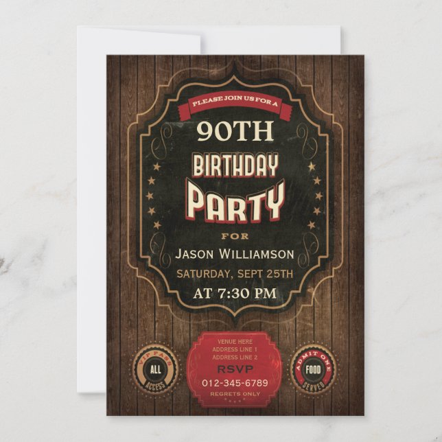 Invitation 90e anniversaire Vintage Chalkboard & Wood (Devant)