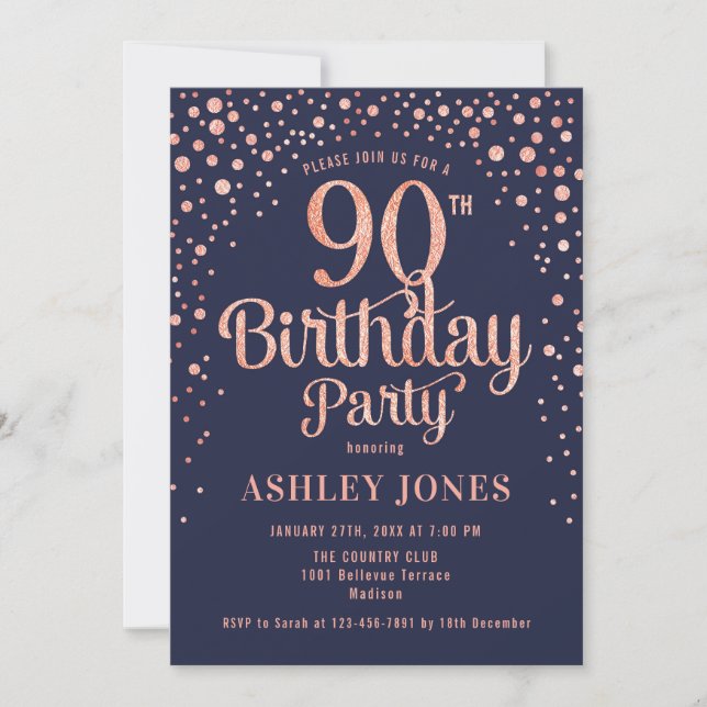 Invitation 90e fête d'anniversaire - Marine & Rose Gold (Devant)