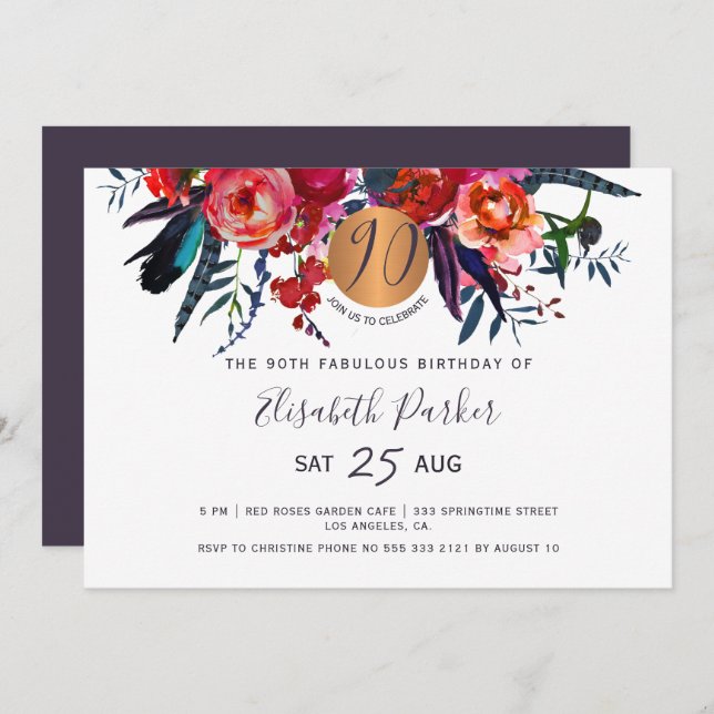 Invitation 90e Fête d'anniversaire moderne chic floral (Devant / Derrière)