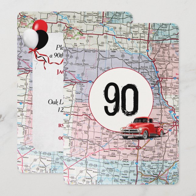 Invitation 90e fête d'anniversaire Red Retro Truck (Devant / Derrière)