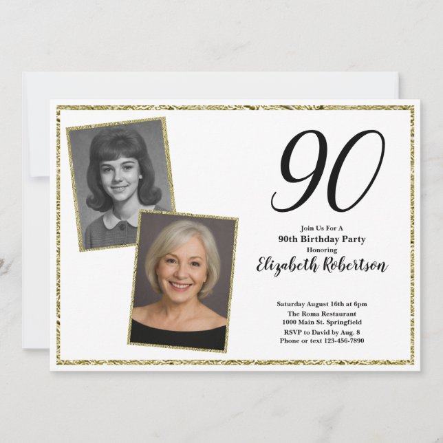 Invitation 90e photo personnalisée Blanc et Or (Devant)