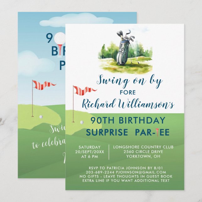 Invitation 90e Surprise Anniversaire Party Thème de golf masc (Devant / Derrière)
