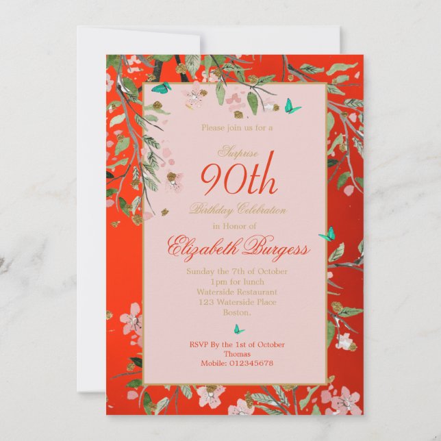 Invitation 90ème anniversaire floral rouge élégant rose or (Dos)