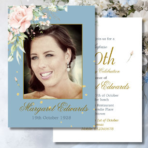 Invitation 90ème Floral Rose Gold Blue Elegant Photo Annivers