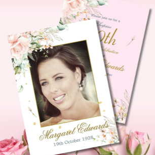 Invitation 90ème Floral Rose Pink Gold Elegant Photo Annivers
