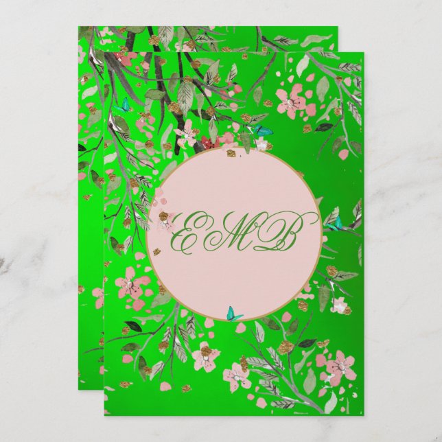 Invitation 90ème Floral Vert Élégant Monogramme rose Annivers (Devant / Derrière)