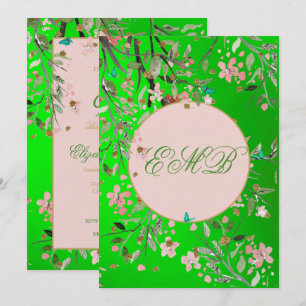 Invitation 90ème Floral Vert Élégant Monogramme rose Annivers