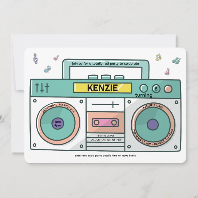 Invitation 90's Totally Rad Boombox Music Thème Anniversaire (Devant)