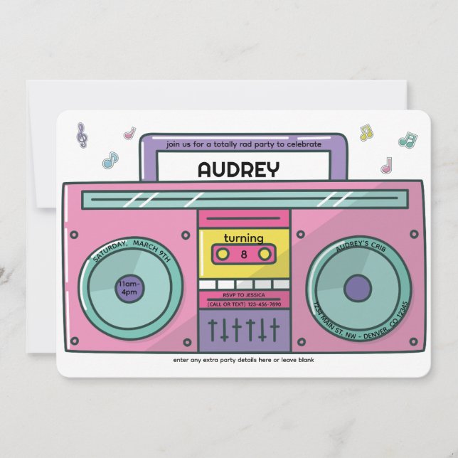 Invitation 90's Totally Rad Boombox Music Thème Anniversaire (Devant)