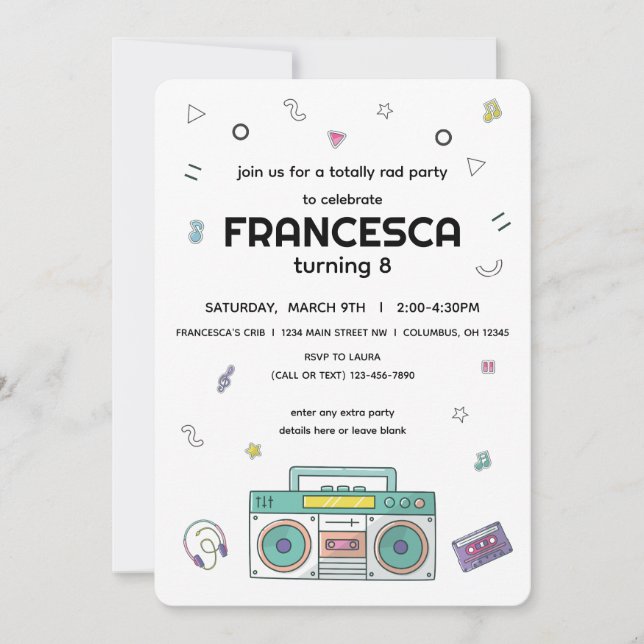 Invitation 90's Totally Rad Music Thème Anniversaire (Devant)