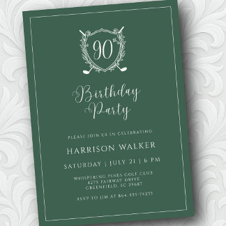 Invitation 90th Birthday Party Golf Crest Elegant Script Sage