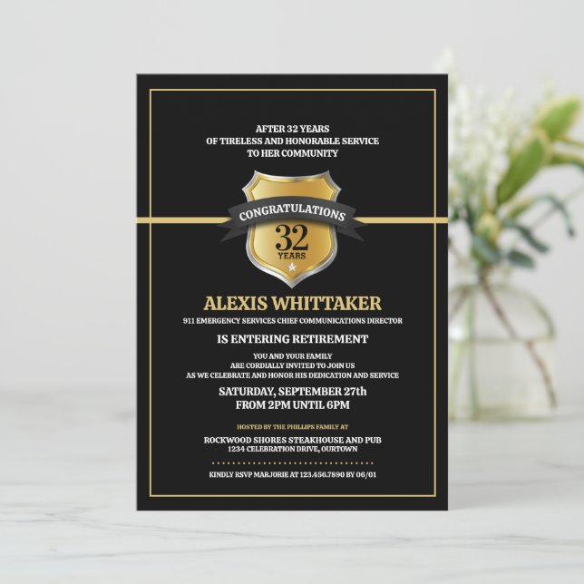 Invitation 911 Dispatch Thin Gold Line Retraite Party Invit (Debout devant)