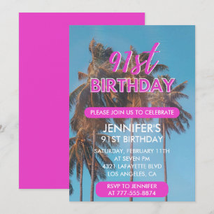 Invitation 91e anniversaire d'invitation Summer Pink Palm tre