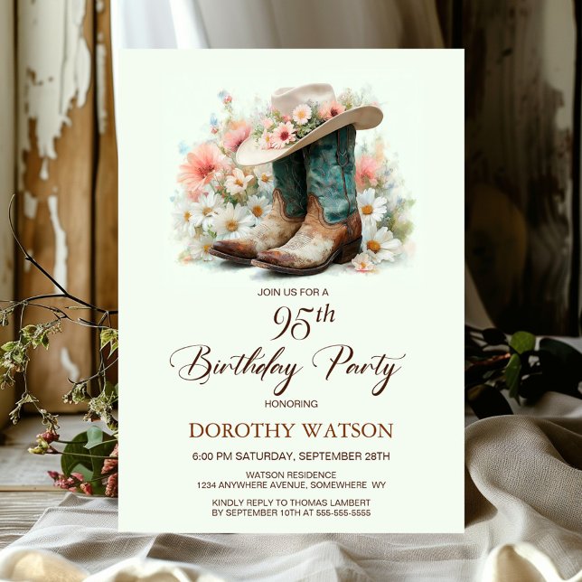 Invitation 95e anniversaire Bottes de fille et fête d'anniver (Créateur téléchargé)