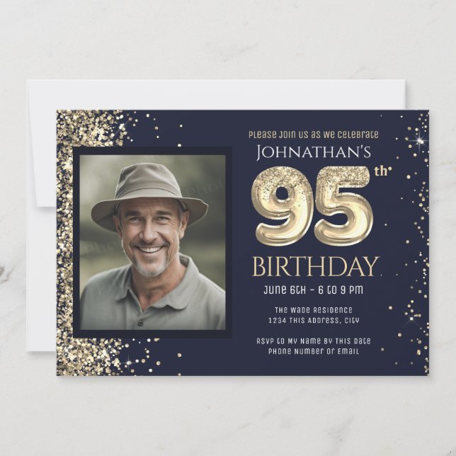 Invitation 95e anniversaire Parties scintillant d'or Bleu pho (Devant)