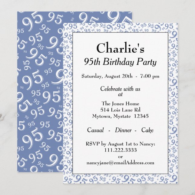 Invitation 95e anniversaire Random Number Motif bleu/blanc (Devant / Derrière)