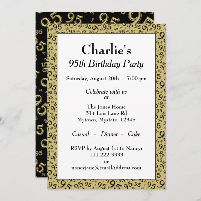 Invitation 95e anniversaire Random Number Motif noir/or (Devant / Derrière)
