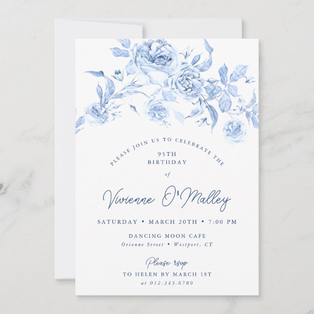 Invitation 95th Birthday Party Dusty Blue Floral (Devant)