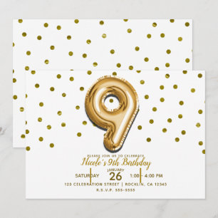 Invitation 9 Neuf Ballon de Confettis Or Fête d'anniversaire