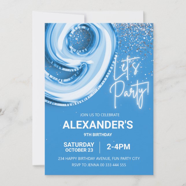 Invitation 9e anniversaire Ballons Boy Blue Neon (Devant)