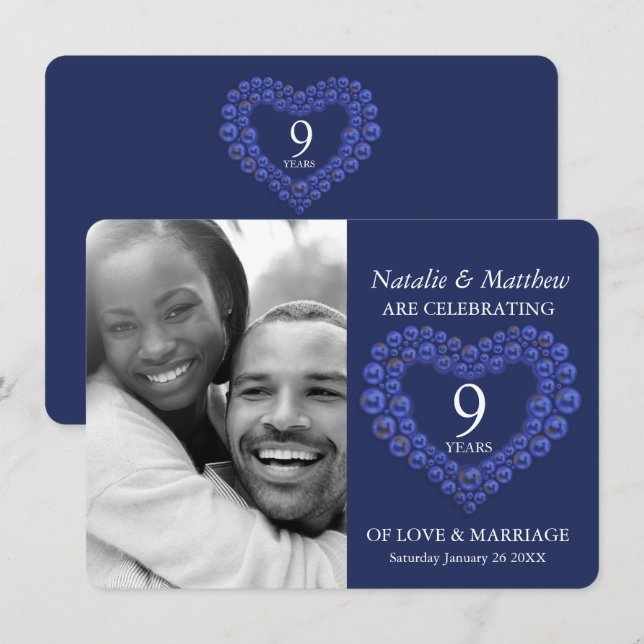 Invitation 9e anniversaire de mariage photo bleu lapis-lazuli (Devant / Derrière)