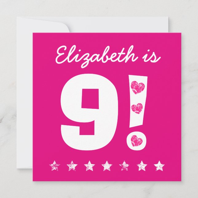 Invitation 9e anniversaire Nom personnalisé rose pour la fill (Devant)