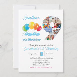 Invitation 9e anniversaire photo collage numéro 9 Garçon