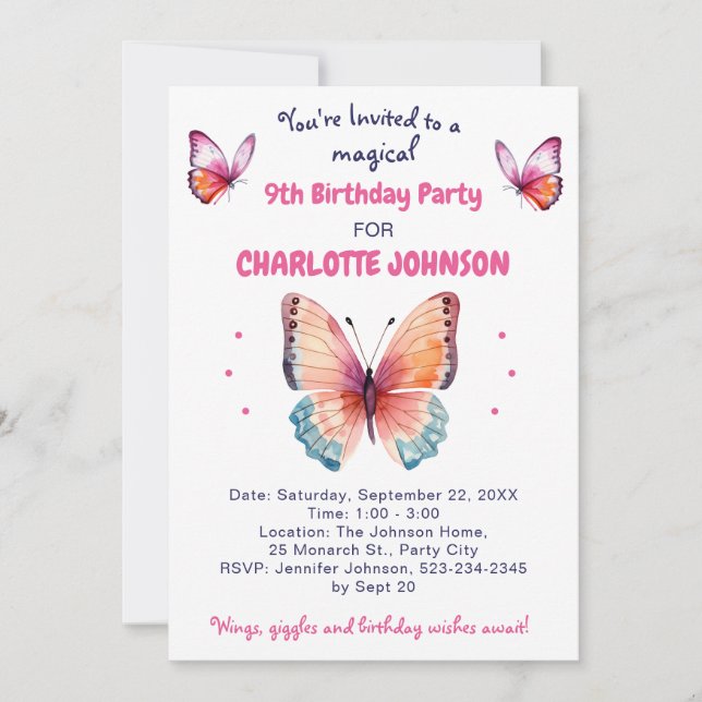 Invitation 9e anniversaire pour fille avec de beaux papillons (Devant)