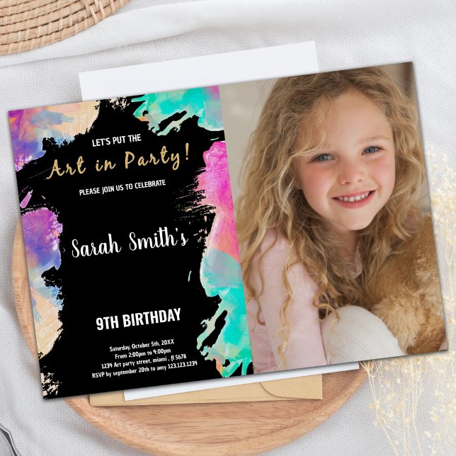Invitation 9e Peinture photo violet noir Anniversaire Invitat (9th Black Purple Photo Paint Birthday Invitations)