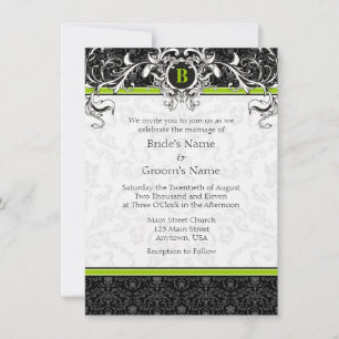 Invitation A6 Lime Green Black Damask Monogramme Mariage