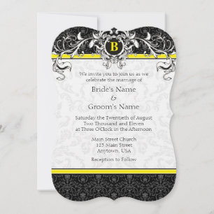 Invitation A7 Jaune et Noir Damas Monogramme Mariage Invite