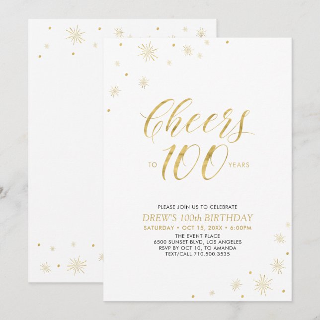 Invitation À 100 | Gold & White 100th Birthday Party (Devant / Derrière)