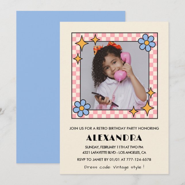 Invitation à 12e anniversaire Retro Super Blue Flo (Devant / Derrière)