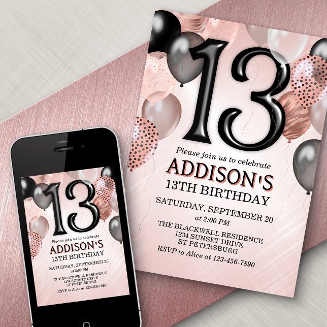 Invitation à 13e anniversaire de ballons Roses d'o (Créateur téléchargé)